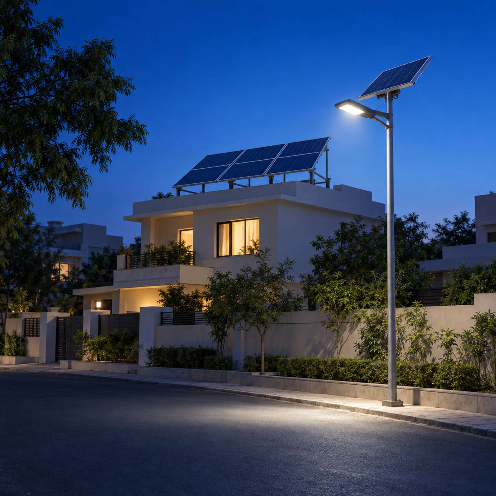 A solar street light glowing at dusk in a quiet lane, beside a house with solar panels on its roof.