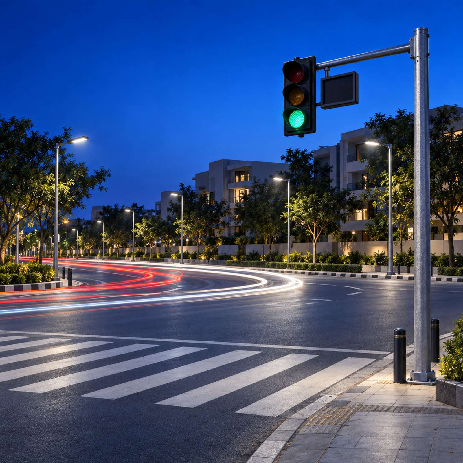 LED traffic signal at a city junction at dusk.