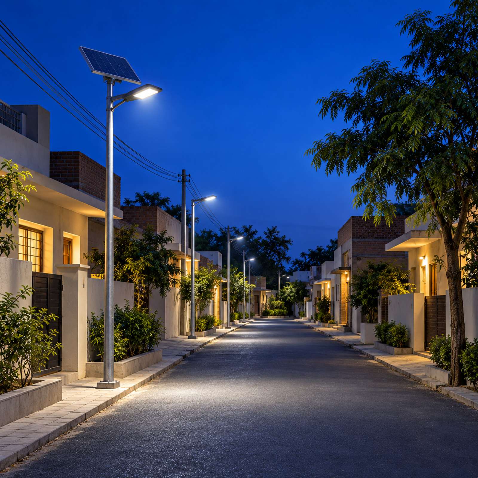 A village lane lit by new LED and solar street lights at dusk.