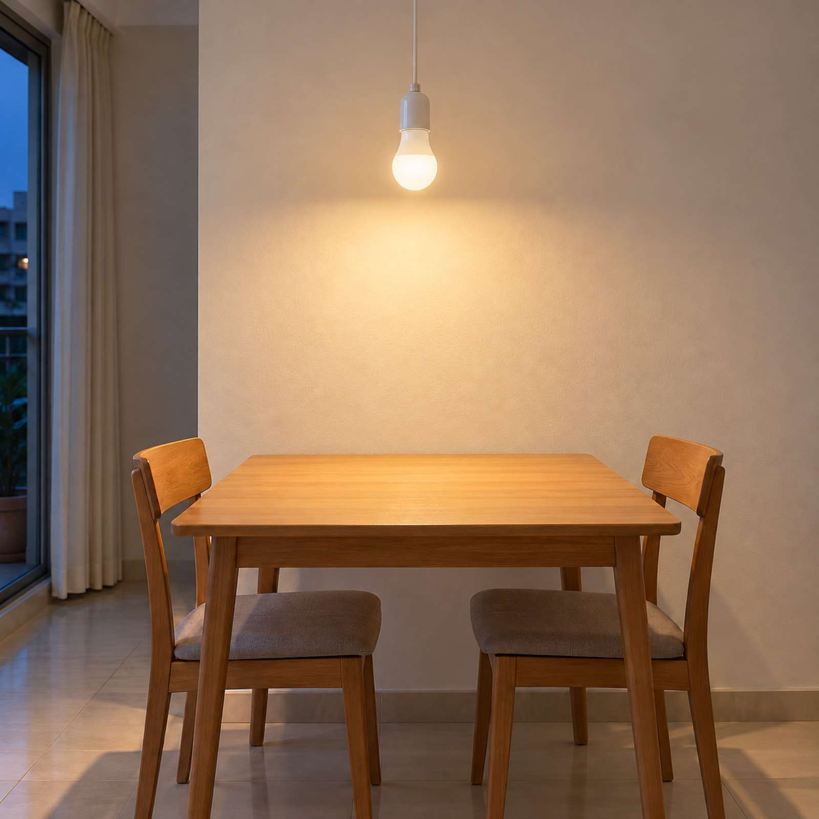 LED bulb lighting a dining table at home