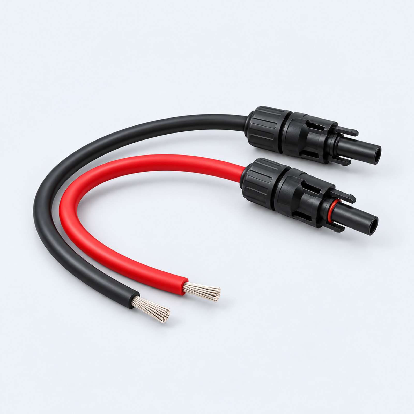 Red and black solar DC cables with connectors