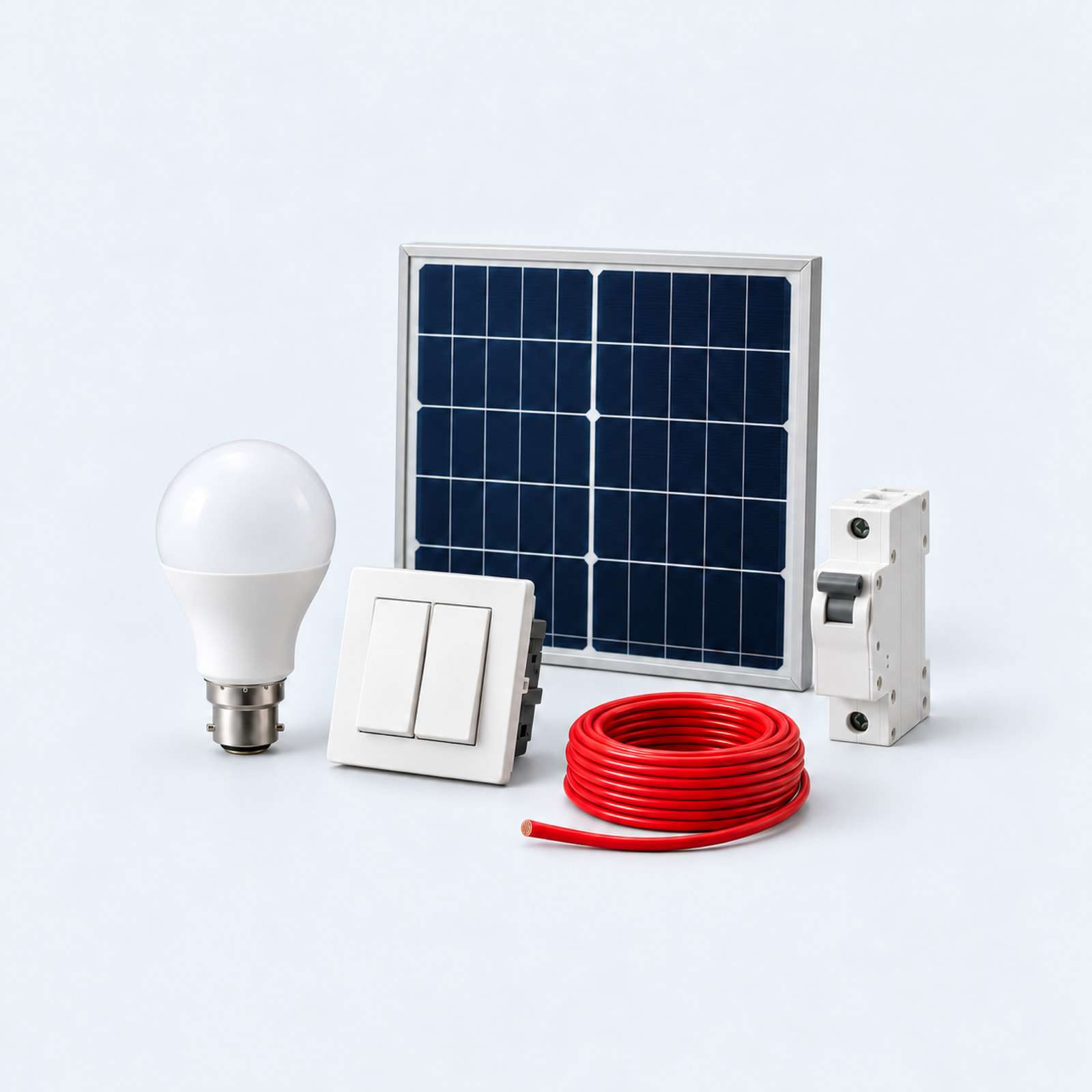 An LED bulb, a switch, a coil of wire, a circuit breaker and a solar panel.