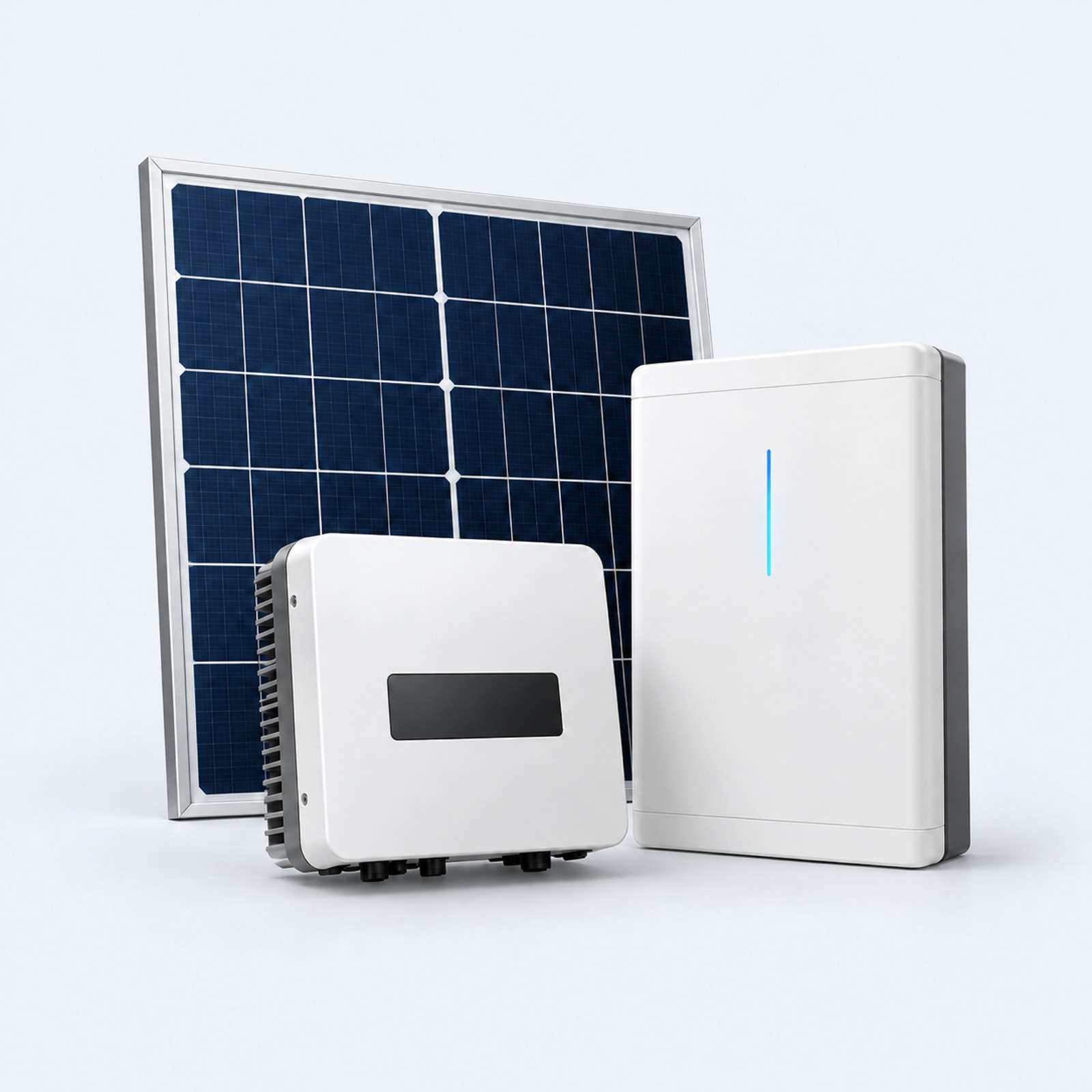 Solar panel, inverter and home battery.
