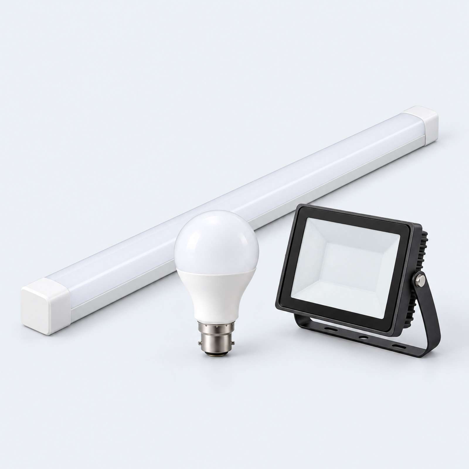 LED batten, LED bulb and flood light.