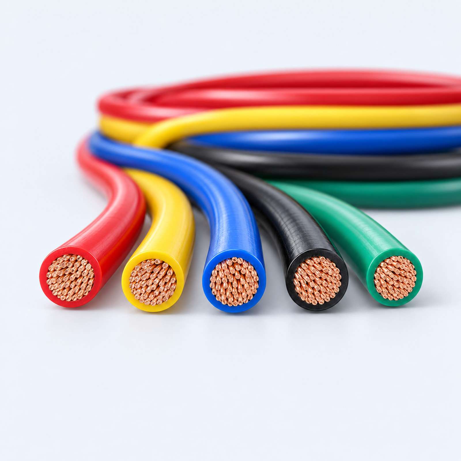 Cut ends of five house wires showing copper strands.