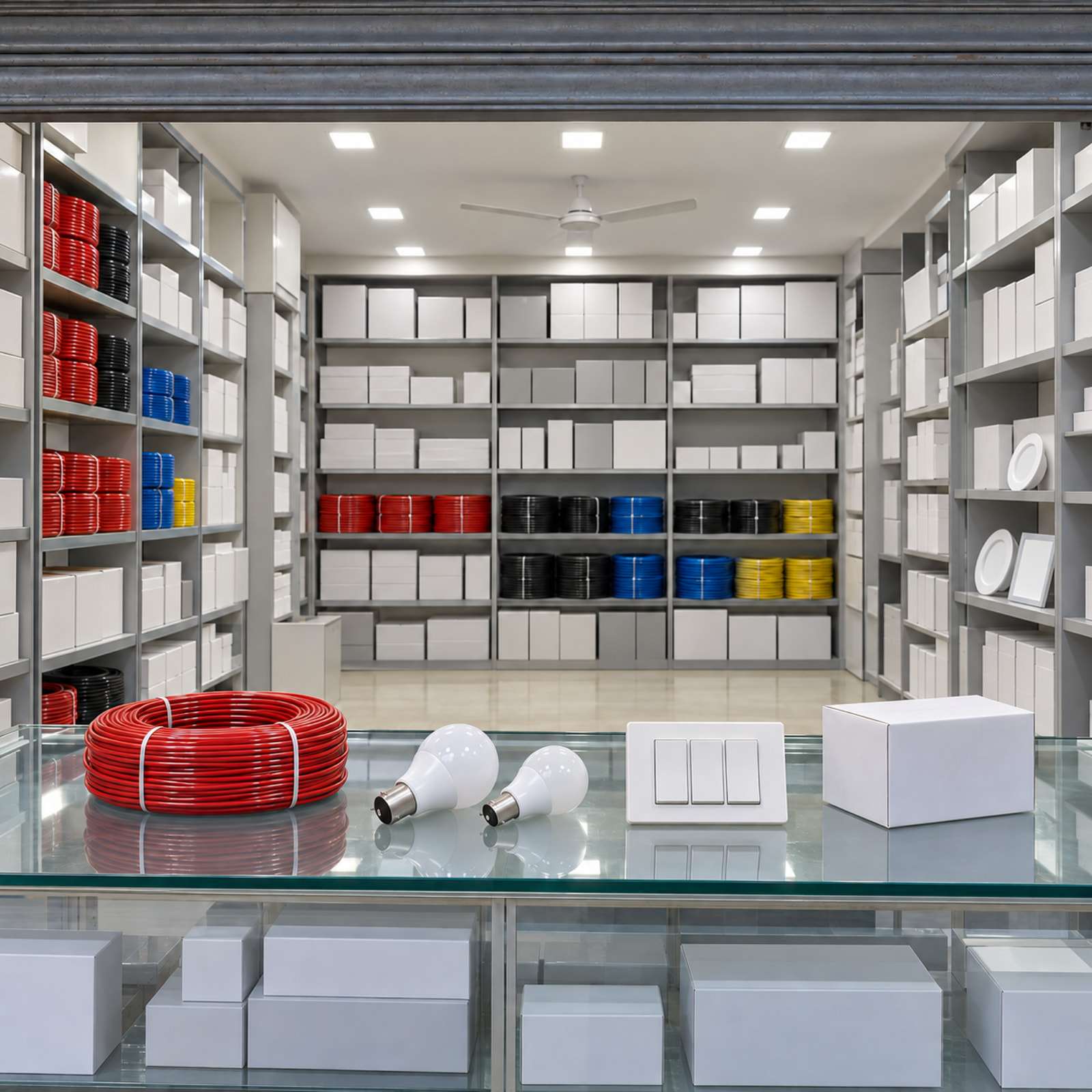 A neatly organised electrical shop counter and shelves.