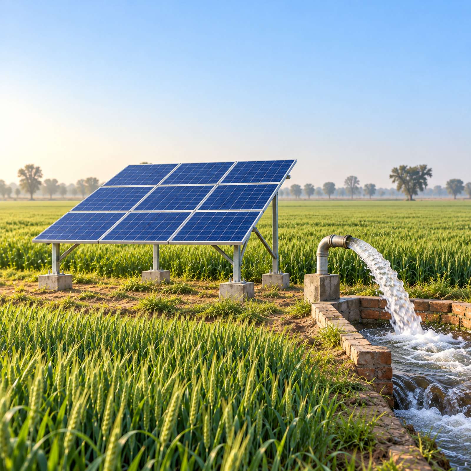 Solar panels powering a water pump beside a wheat field.